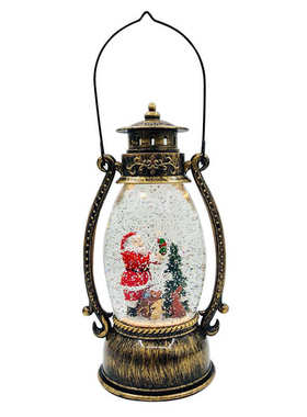 圣诞老人捧花圈水晶风灯黑刷金欧式复古手提马灯带灯树脂工艺水灯