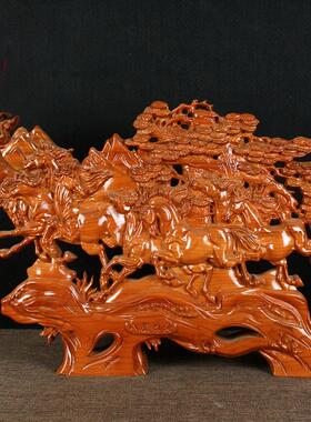 桃木马摆件木雕八骏雄风图八马台屏实木摆设客厅家居办公室装饰品