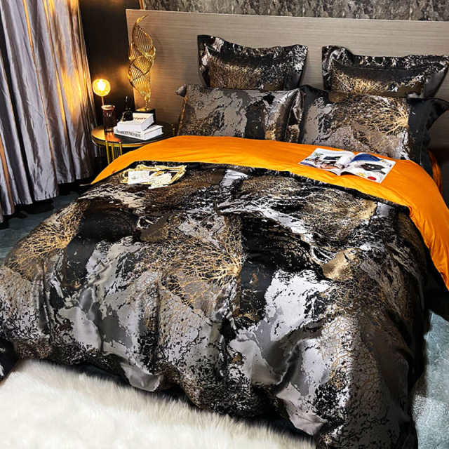 High-end light luxury bedding four-piece European luxury tribute satin jacquard quilt cover sheets and bed fittings six-piece set