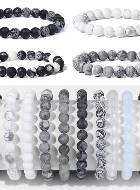 8mm Black White Natural Stone Bracelet Handmade Matte Opal
