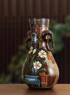 高档非遗彩陶国风迁特色客厅花饰瓶乔摆件中式家居装品博古架礼品