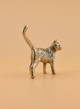 创意小猫咪长尾猫做旧古铜田园猫茶宠桌面铜雕手把件工艺品小摆件