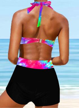 Women's printed bikini with neck tie and chest cross
