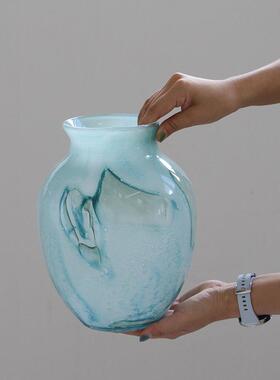 宋代美学蓝云肌理中式轻奢花瓶摆件客厅插花复古琉璃餐桌高级
