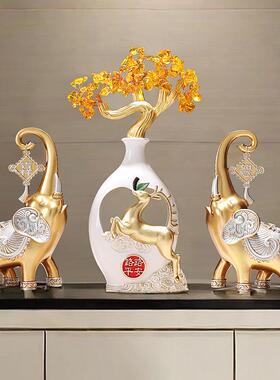 发财树家居玄关装饰路路平安酒柜电视柜大象一对黄水晶摇钱树摆件