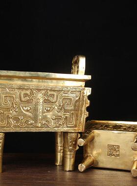 黄色铜兽鼎摆件 铜鼎摆件 铜四方鼎摆件 铜双龙鼎摆件