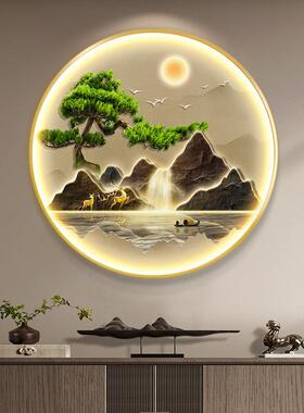 中式入圆形玄关装饰画廊挂画新走流水生财高档山户水带灯画QYZ鱼