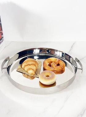 欧式不锈钢圆形镜面提手托盘现代家居餐用收纳托盘