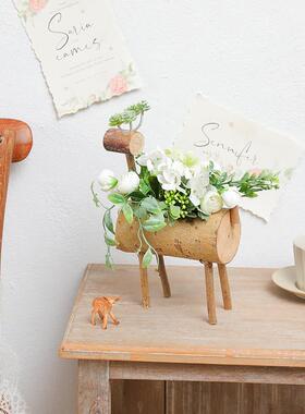 幼儿园桌面田园创意装饰摆件木鹿植物角仿真花花园阳台书架小摆饰
