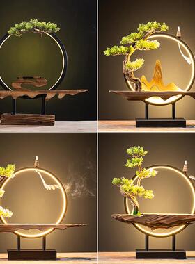 新中式禅意摆件底座风化实木家居摆饰客厅办公室玄关书房铁艺灯圈