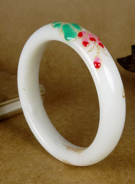 内径63mm天然新疆和田玉羊脂白玉且末料珐琅彩绘女款手镯80.00g