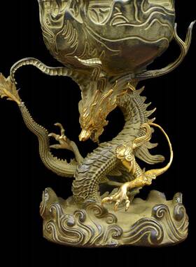 宏达 全黄铜鎏金博山炉创意铜香炉 飞龙博山熏香炉家居铜器摆件