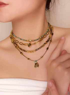 法式复古虎眼石串珠美拉德风项链几何不锈钢吊坠锁骨链叠戴套链