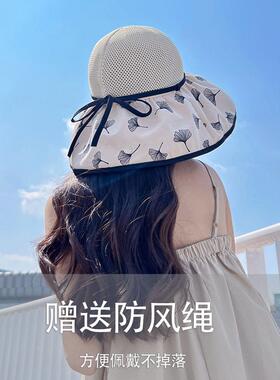 夏季蝴蝶结渔夫帽子女款2025新款韩版户外黑胶遮阳防晒百搭太阳帽