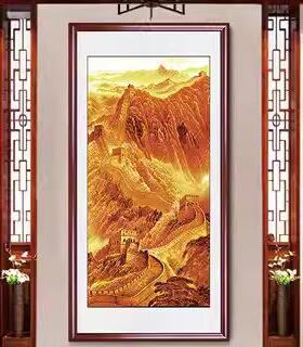 玄关竖版装饰画金色长城画靠山图国画办公室客厅山水走廊壁画大气