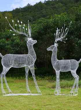 不锈钢剪出梅花鹿雕塑户外花园草坪铁编织金属动物装饰摆件定制
