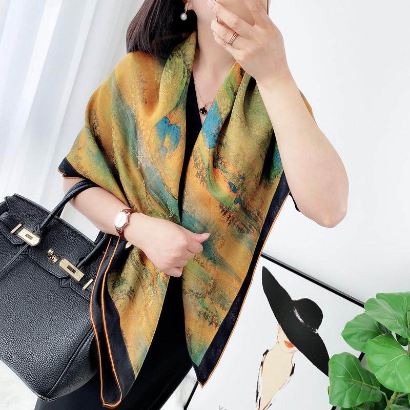 【千里江山图】双面双色香云纱大方巾优雅中国风高档送礼丝巾围巾,淘宝优惠券,粉丝福利购,淘宝优惠卷