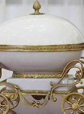 正品创意纳纯铜包瓷马客厅拉车果盘摆件欧式美式玄关陶瓷配铜收盒