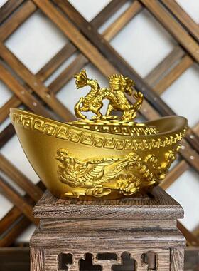龙凤金元宝摆件招财铜元宝黄铜空心纯铜聚宝盆带盖家用客厅工艺品
