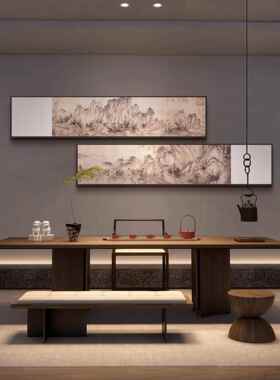 新中式餐厅风景装饰画酒店长条不规则多联国画茶室山水背景墙挂画