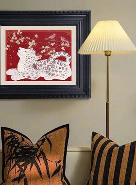 法式中古风沙发背景墙挂画样板间工装客厅卧室小众文艺雪豹装饰画