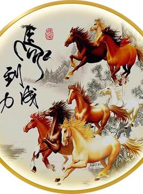 壁画挂画圆形骏马八匹客厅办公室带灯装饰画八骏图玄关马到成网红