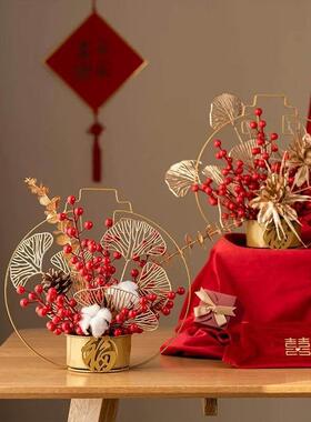 新中式过年花艺摆件装饰福字金架花瓶摆件新年发财果家居氛围装饰