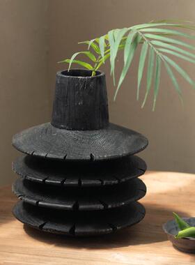 侘寂风黑色波纹多层实木花插复古设计感餐桌实木花瓶客厅玄关摆件