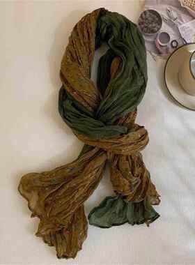 Vintage Cotton Linen Patchwork Scarf Women Pleated Scarf Lo