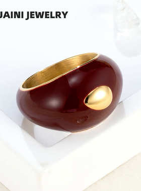 复古珐琅滴油戒指 钛钢电镀18K金安可拉红叠戴指戒女小众高级配饰