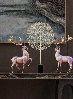 纯铜紫色招财福鹿摆件客厅玄关电视柜软装装饰轻奢礼品