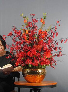 红色发财果高端喜庆花艺彷真花红果客厅插花店面装饰花高档年宵花