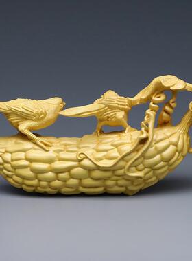 黄杨木雕朝气活力丝瓜小鸟居家摆件实木苦尽甘来文玩工艺品饰品