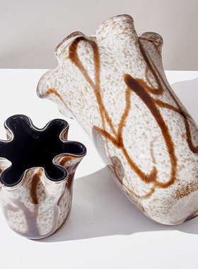 现代简约棕色不规则条纹大口琉璃花瓶创意轻奢样板间装饰轻奢风