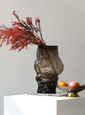 美式复古咖色异形玻璃花瓶 客厅卧室桌面摆放插花花器家居装饰品