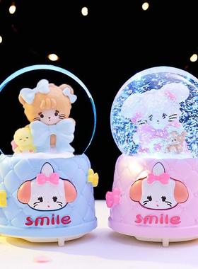 可爱萌宠女孩米可八音盒飘雪彩灯发光水晶球音乐盒少女心学生礼品