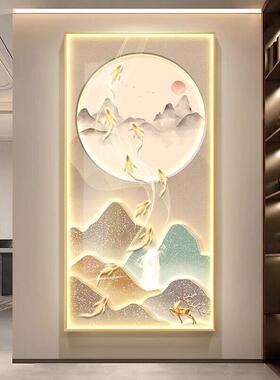 九鱼福禄玄关灯画现代轻奢走廊过道装饰画寓意好竖版带灯客厅挂画