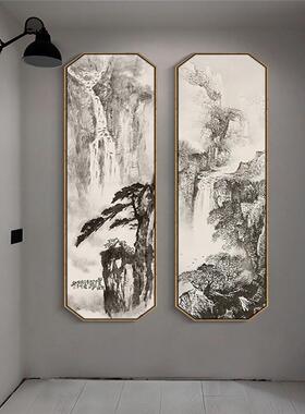 新中式客厅中堂装饰画水墨山水风景挂画四联画书房玄关壁画八边形