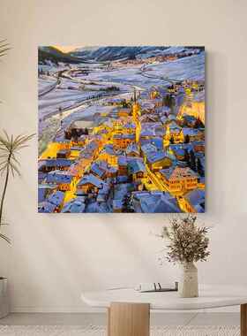 网红大村日出小芬镇纯手油建画筑风景冬季雪景装理饰画客厅玄绘关