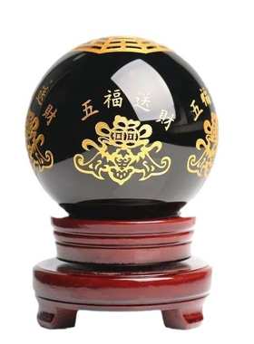黑曜石水晶球新款现五福送财水晶球摆件 居家办公摆件