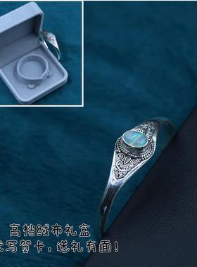 正品印尚度尼泊手工真银饰品尔欧泊月光石手镯 开口女时个性覆古