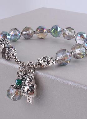 新款七彩水晶串珠手链复古藏银