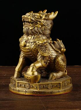 黄铜麒麟摆件一圆座卦福麒麟铜财纳富371八麒麟家对居摆件
