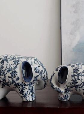 中式家居酒柜装饰品创意电视柜青花瓷象装饰摆设陶瓷房间摆件桌面