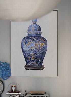 中国风玄关柜素雅蓝色淡墨金青花瓷新中式装饰画客厅玄关餐厅挂画