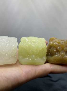 手把醒狮玉天然雕刻青白玉醒狮头醒狮白玉件玉石醒狮阿富汗糖料