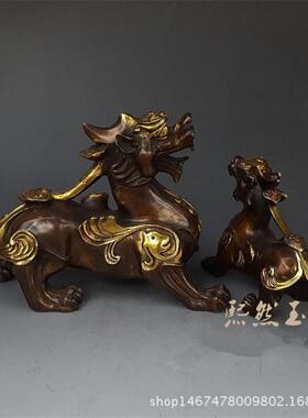 仿古纯铜鎏金如意貔貅 大小号鎏金貔貅摆件一对 古玩铜器礼品