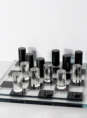 现代简约欧式轻奢水晶方格棋盘摆件样板房售楼处客厅书房软装饰品