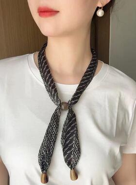 韩系黑色波点丝巾系脖飘带围巾女高级感精致搭配衬衫长条领巾配