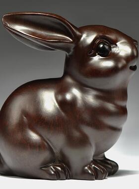 黑檀木质兔子摆件实木雕刻十二生肖木头小兔吉祥物装饰木制工艺品